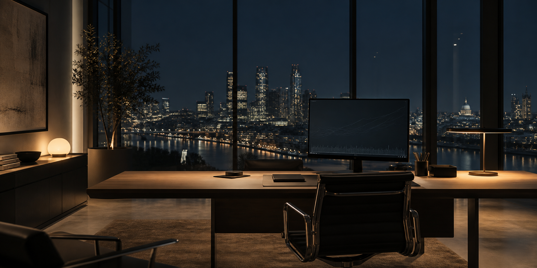 An empty institutional workspace overlooking a city at night